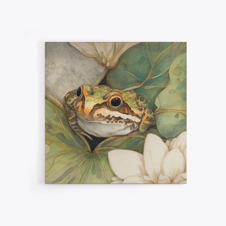 Frog on a Lotus Leaf Framed Canvas Print, Animal Art, Boho Wall Art, Living Room Decor, Oil Painting, Creature, ANI-1x1-68