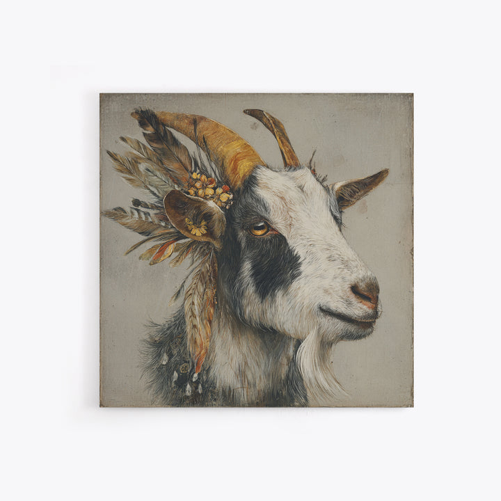 Goat Portrait with Rustic Folk Art Personality Canvas Print, Animal Art, Neutral Decor, Living Room Decor, Fine Art, Creature, ANI-1x1-69