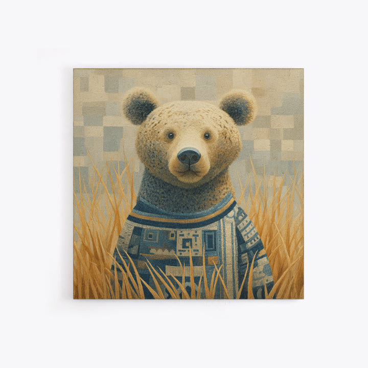 Whimsical Bear in a Patterned Sweater with Framed Canvas Print, Animal Art, Downloadable Art, Living Room Decor, Creature, ANI-1x1-74