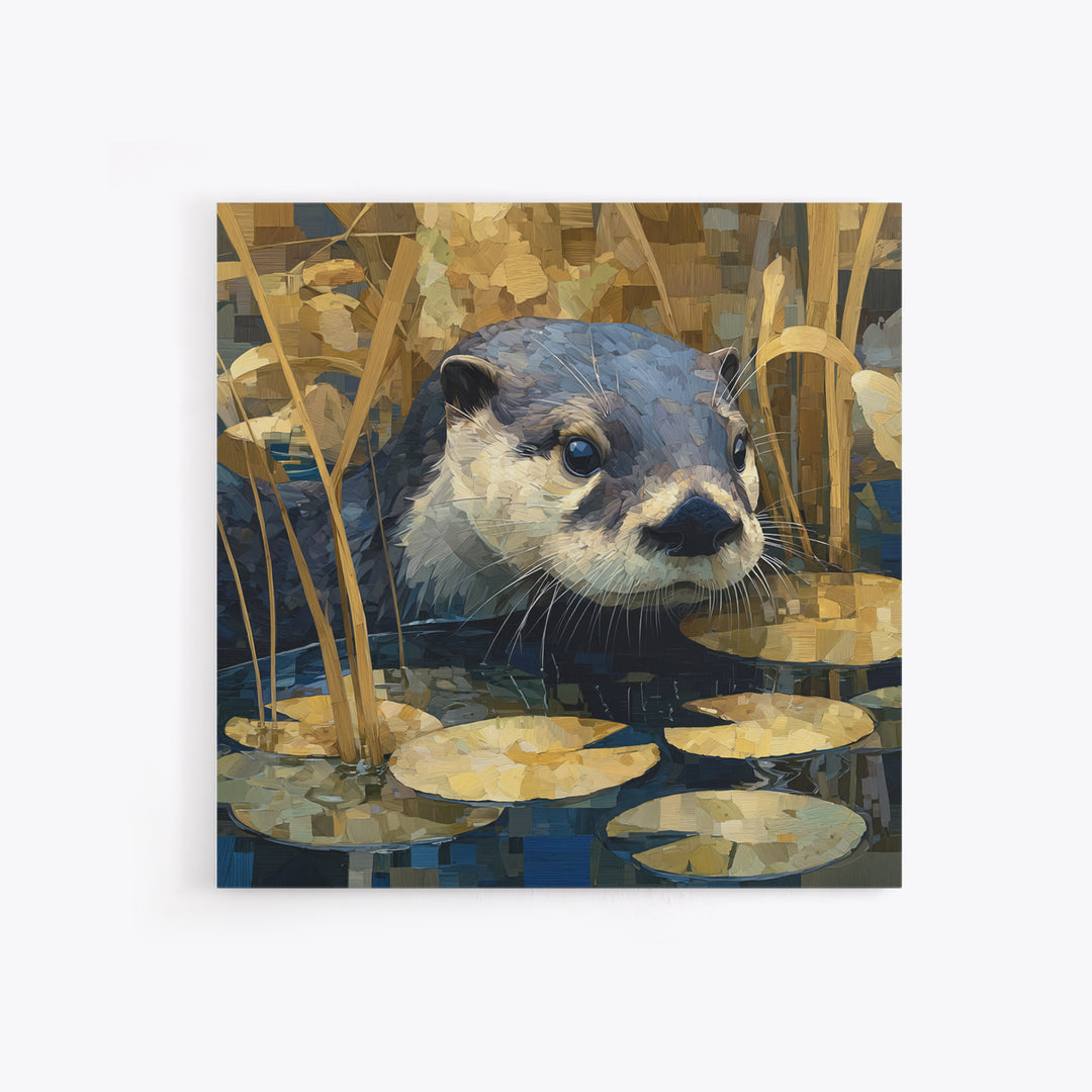 Playful Otter Floating Among Lily Pads Framed Canvas Print, Animal Art, Printable, Living Room Decor, Fine Art, Creature, ANI-1x1-8