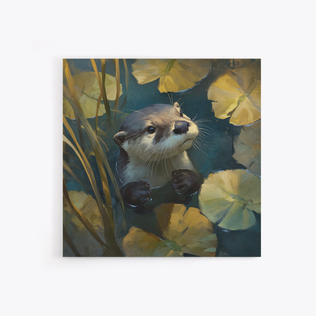 Playful Otter Floating Among Lily Pads Framed Canvas Print, Animal Art, Modern Decor, Living Room Decor, Fine Art, Creature, ANI-1x1-80