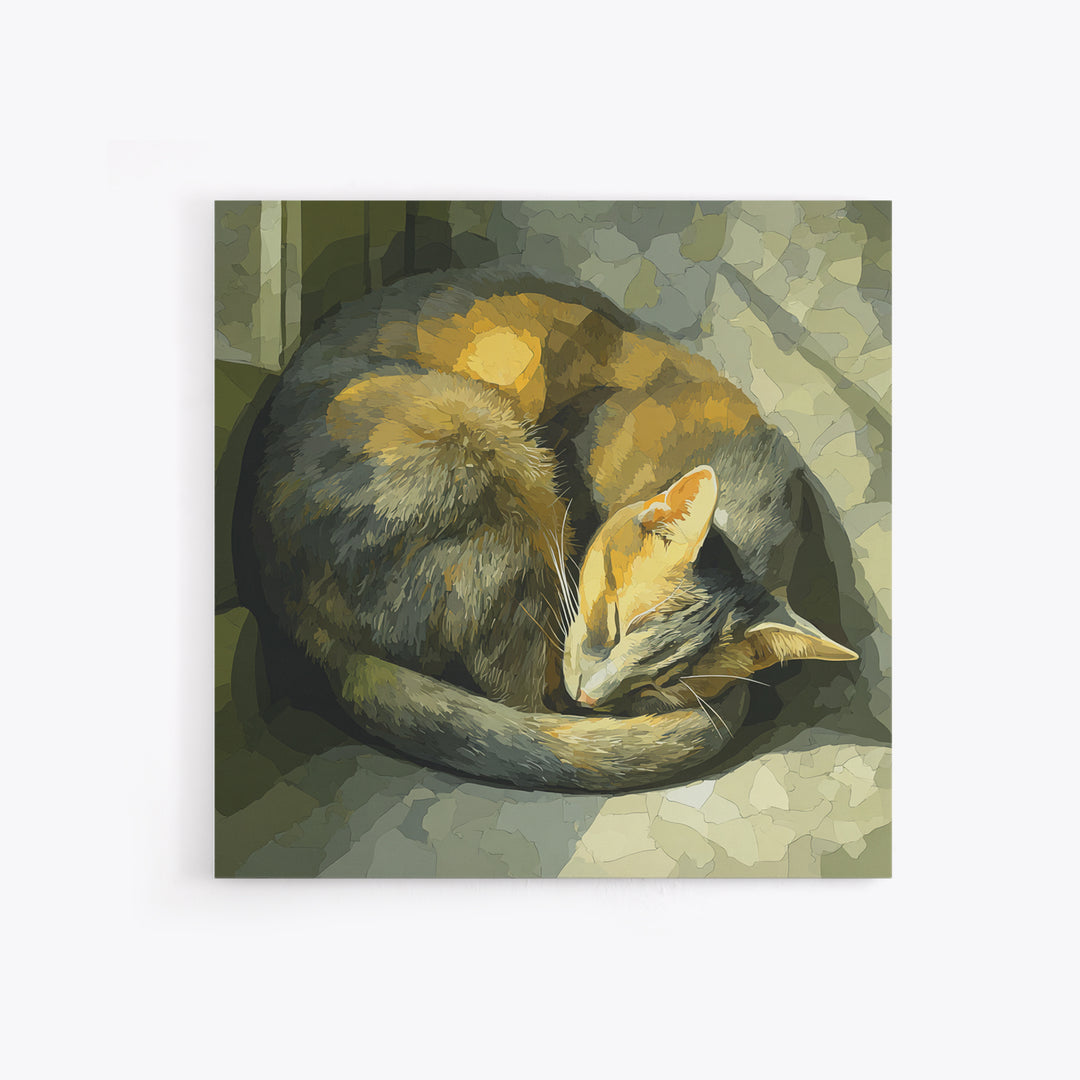 Sleeping Cat Curled Framed Canvas Print, Animal Art, Cat Art, Living Room Decor, Abstract Art, Creature, Art Print, ANI-1x1-84
