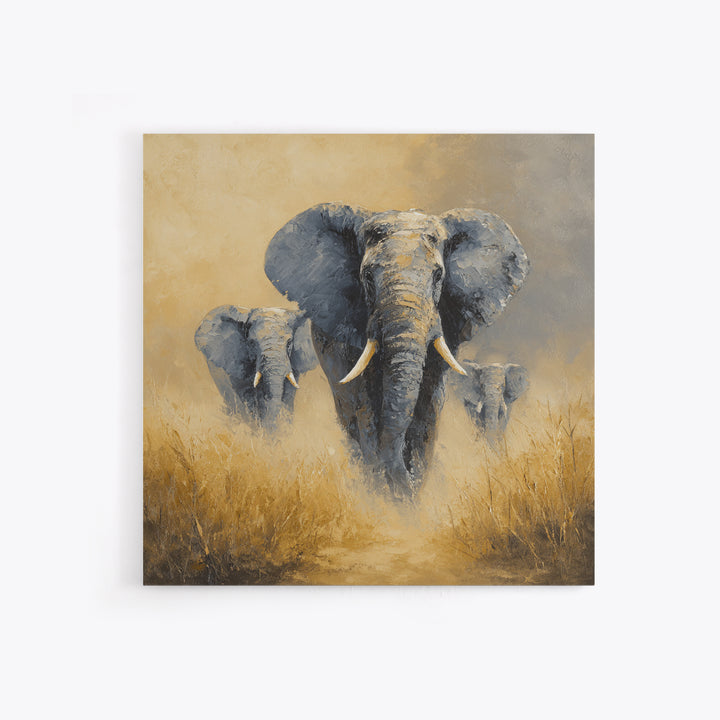 Elephant Family Walking Through Dusty Golden Light Canvas Print, Animal Art, Modern Decor, Living Room Decor, Creature, ANI-1x1-86