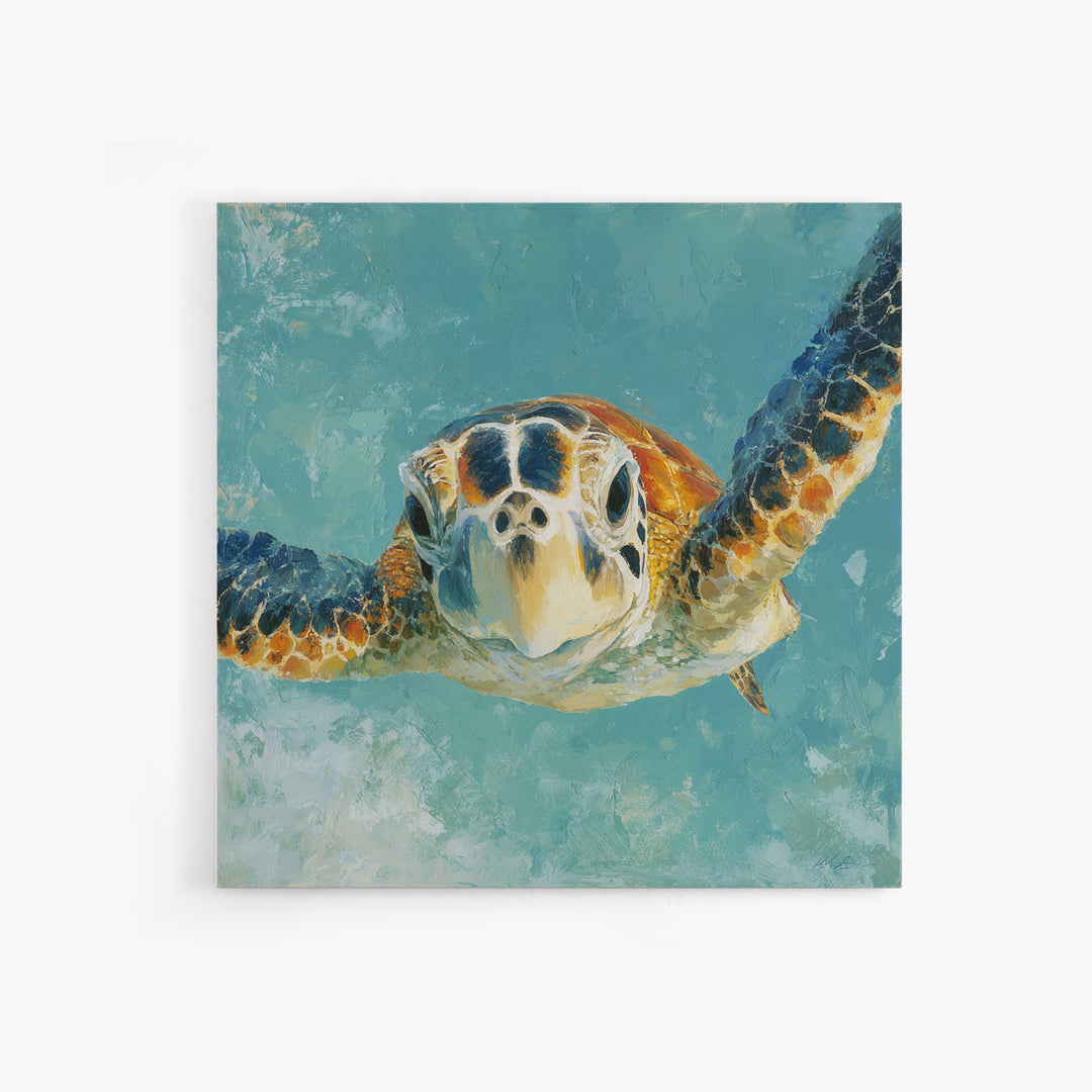 Sea Turtle Drifting Through Luminous Blue Water Canvas Print, Animal Art, Trendy Wall Art, Living Room Decor, Creature, ANI-1x1-90