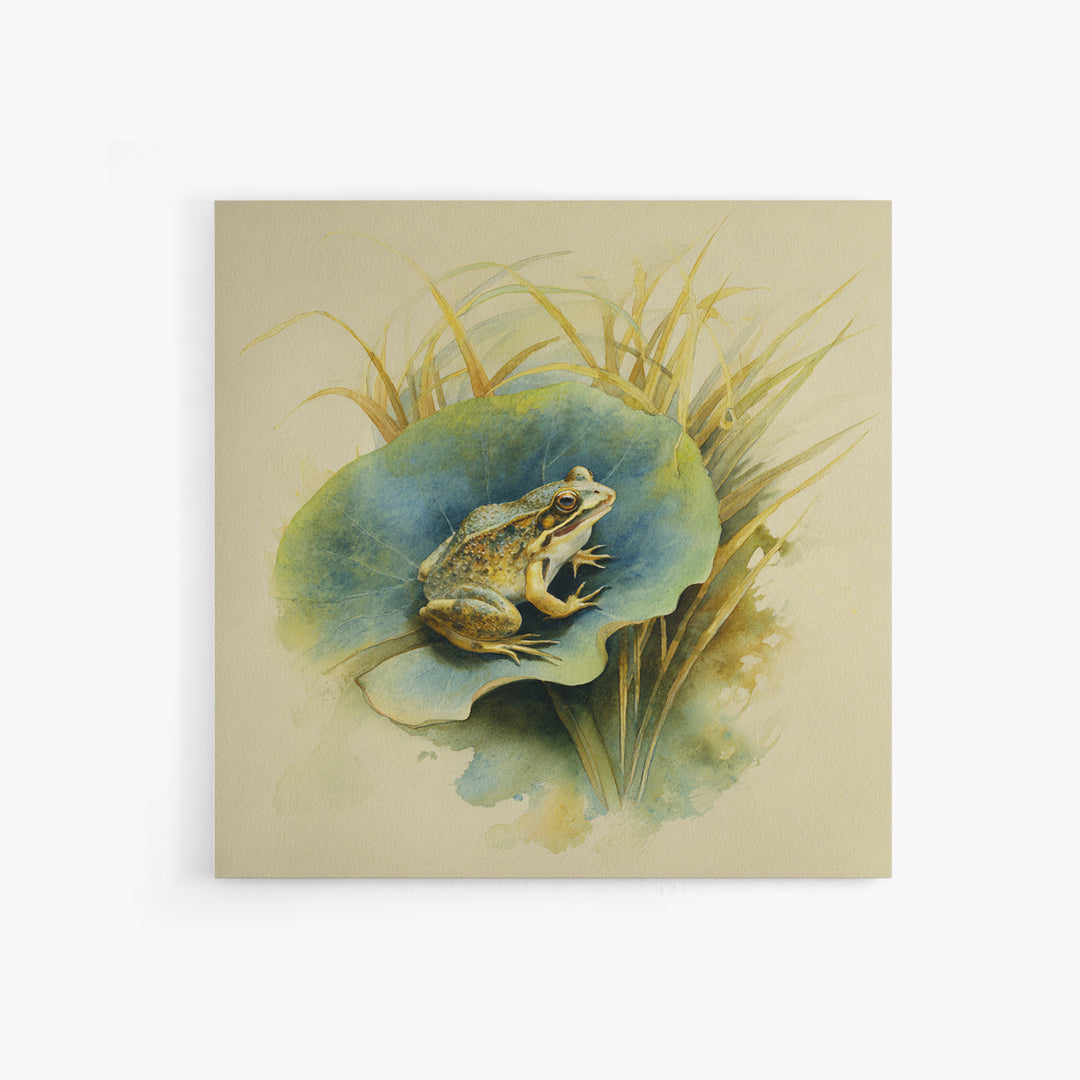 Frog on a Lotus Leaf Canvas Print, Animal Art, Trendy Wall Art, Living Room Decor, Watercolor Art, Creature, Textured Painting, ANI-1x1-92