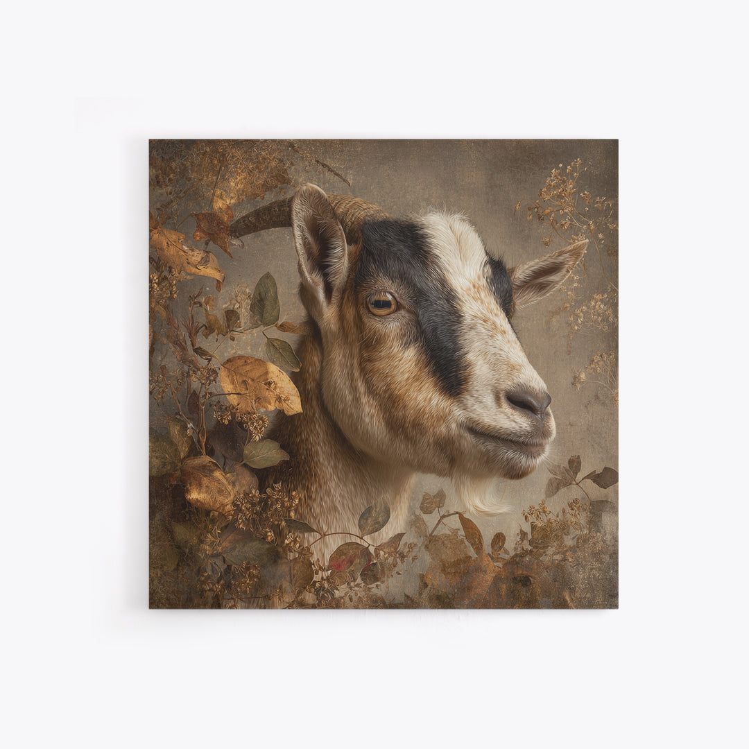 Goat Portrait with Rustic Folk Art Personality Framed Canvas Print, Animal Art, Luxury Decor, Living Room Decor, Oil Painting, ANI-1x1-93