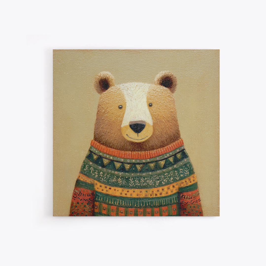 Whimsical Bear in a Patterned Sweater with Canvas Print, Animal Art, Boho Decor, Living Room Decor, Fine Art, Creature, ANI-1x1-98