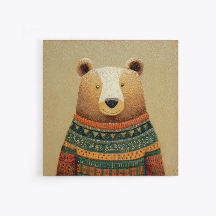 Whimsical Bear in a Patterned Sweater with Canvas Print, Animal Art, Boho Decor, Living Room Decor, Fine Art, Creature, ANI-1x1-98