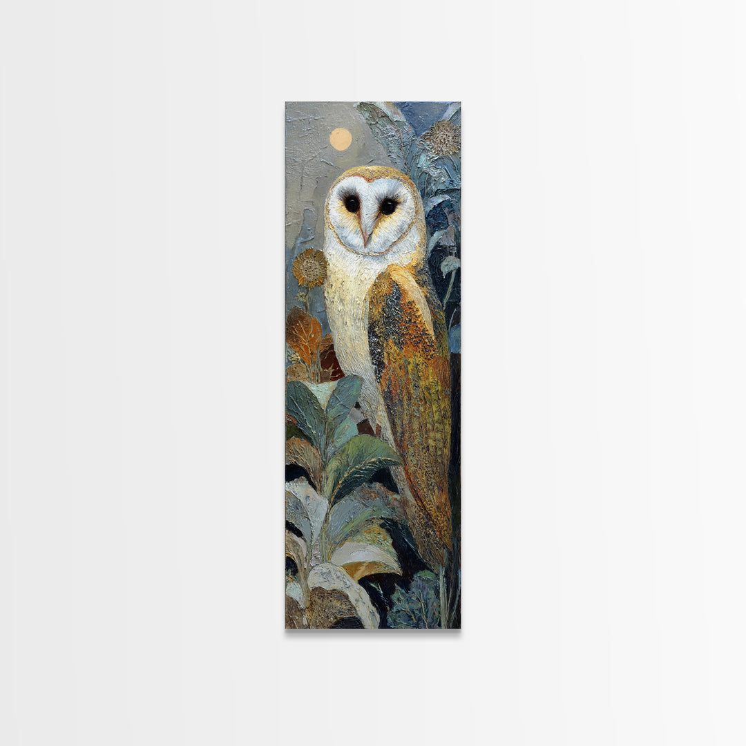 Owl with Moonlit Feathers and Celestial Accents Canvas Print, Animal Art, Minimalist Decor, Living Room Decor, Creature, ANI-1x3-3