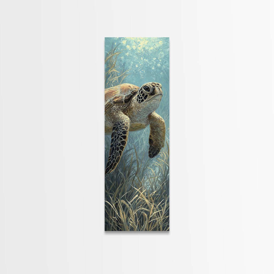 Sea Turtle Drifting Through Luminous Blue Water Canvas Print, Animal Art, Modern Wall Art, Living Room Decor, Creature, ANI-1x3-30