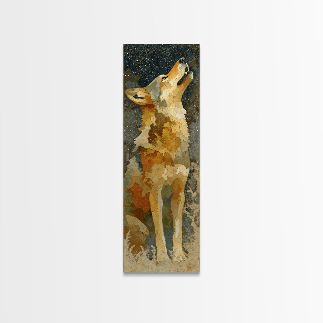 Wolf Silhouette Beneath a Star Filled Sky Framed Canvas Print, Animal Art, Nursery Art, Living Room Decor, Watercolor Art, ANI-1x3-34