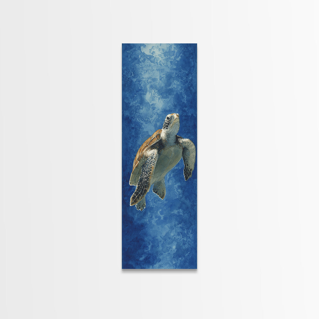 Sea Turtle Drifting Through Luminous Blue Water Canvas Print, Animal Art, Modern Wall Art, Living Room Decor, Creature, ANI-1x3-54
