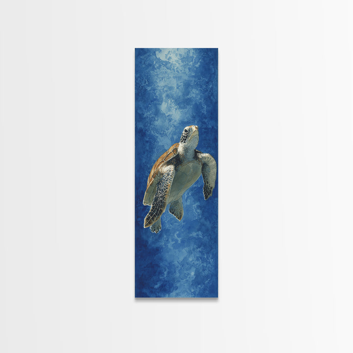 Sea Turtle Drifting Through Luminous Blue Water Canvas Print, Animal Art, Modern Wall Art, Living Room Decor, Creature, ANI-1x3-54