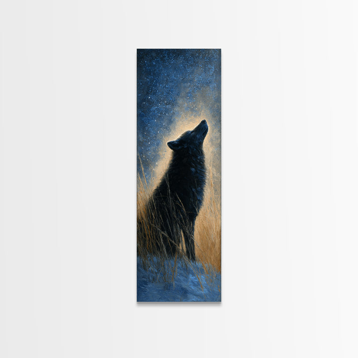 Wolf Silhouette Beneath a Star Filled Sky Framed Canvas Print, Animal Art, Nursery Art, Living Room Decor, Watercolor Art, ANI-1x3-58