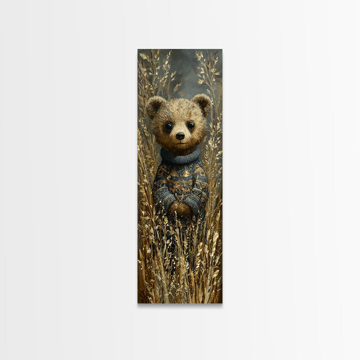 Whimsical Bear in a Patterned Sweater with Framed Canvas Print, Animal Art, Neutral Decor, Living Room Decor, Creature, ANI-1x3-62