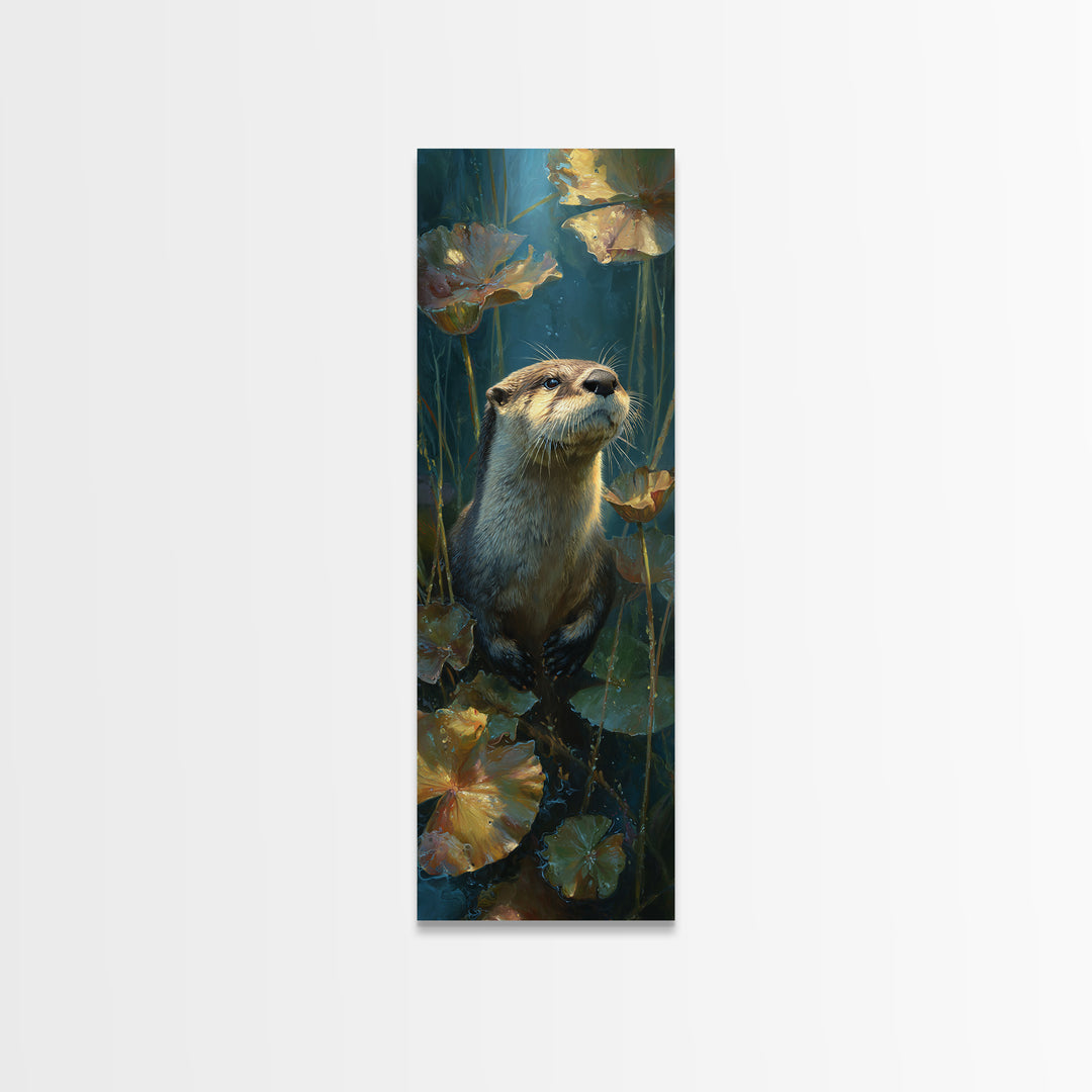 Playful Otter Floating Among Lily Pads Canvas Print, Animal Art, Oil Painting, Living Room Decor, Fine Art, Creature, ANI-1x3-68