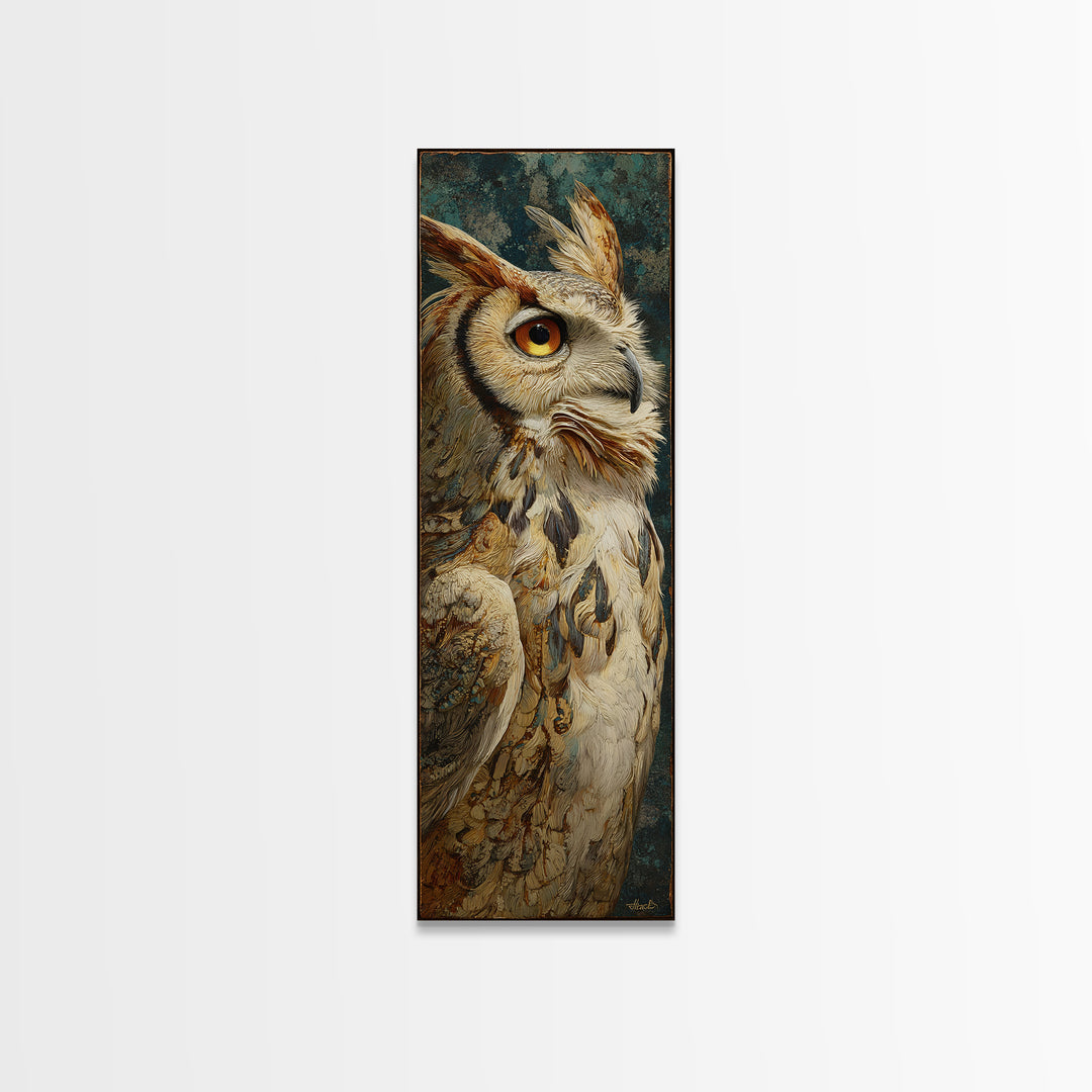 Owl with Moonlit Feathers and Celestial Accents Framed Canvas Print, Animal Art, Living Room Decor, Fine Art, Creature, ANI-1x3-75