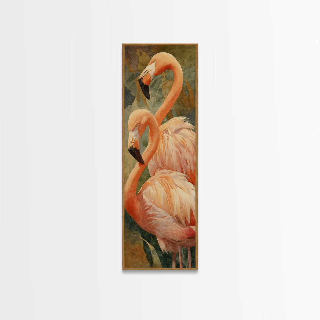 Flamingo Pair in Elegant Coral and Cream Framed Canvas Print, Animal Art, Digital Print, Living Room Decor, Fine Art, Creature, ANI-1x3-79