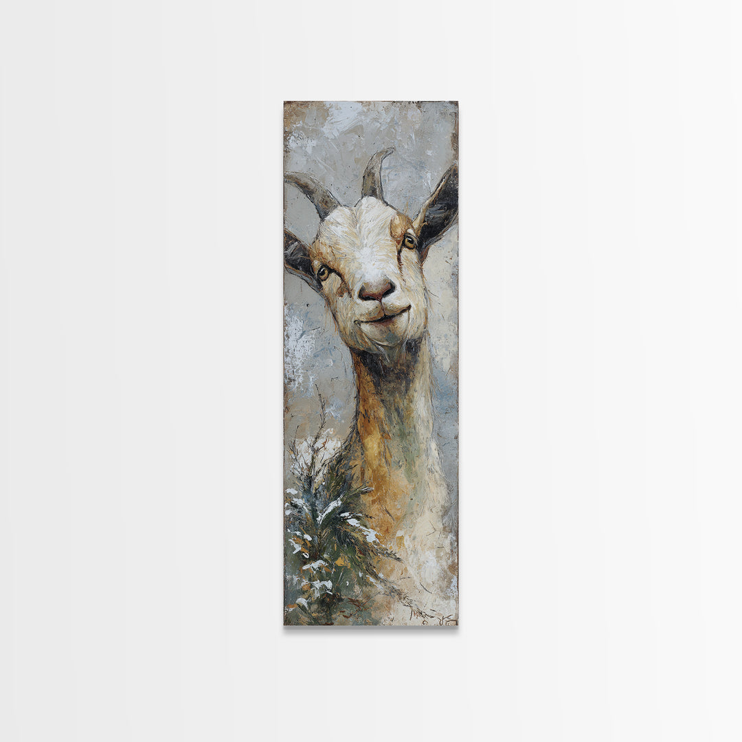 Goat Portrait with Rustic Folk Art Personality Canvas Print, Animal Art, Nursery Decor, Living Room Decor, Fine Art, Creature, ANI-1x3-81