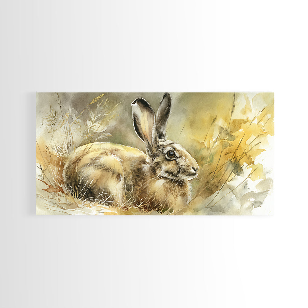 Curious Rabbit in a Soft Watercolor Meadow Framed Canvas Print, Animal Art, Living Room Decor, Oil Painting, Creature, ANI-2x1-1