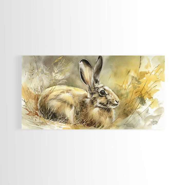 Curious Rabbit in a Soft Watercolor Meadow Framed Canvas Print, Animal Art, Living Room Decor, Oil Painting, Creature, ANI-2x1-1