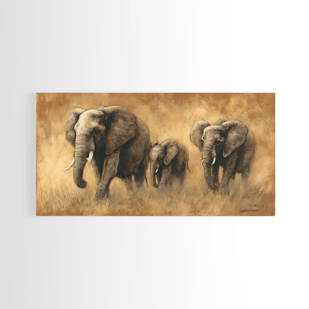 Elephant Family Walking Through Dusty Golden Light Framed Canvas Print, Animal Art, Art Print, Living Room Decor, Creature, ANI-2x1-10