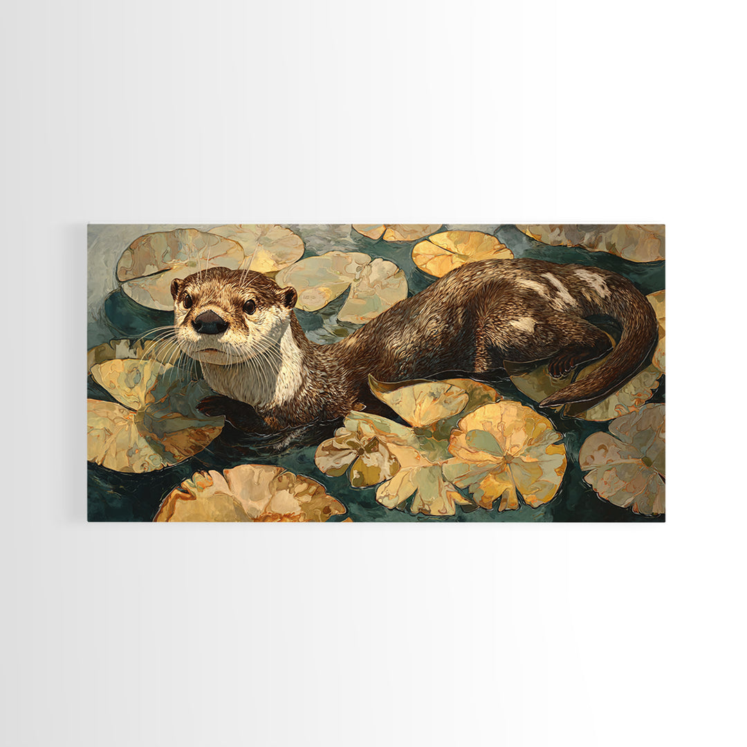 Playful Otter Floating Among Lily Pads Framed Canvas Print, Animal Art, Living Room Decor, Fine Art, Creature, Fine Art Print, ANI-2x1-100