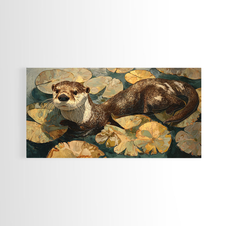 Playful Otter Floating Among Lily Pads Framed Canvas Print, Animal Art, Living Room Decor, Fine Art, Creature, Fine Art Print, ANI-2x1-100