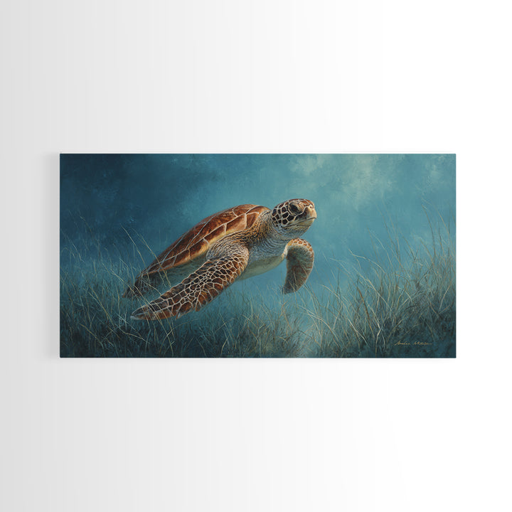 Sea Turtle Drifting Through Luminous Blue Water Canvas Print, Animal Art, Fine Art Print, Living Room Decor, Creature, ANI-2x1-14