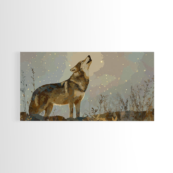 Wolf Silhouette Beneath a Star Filled Sky Framed Canvas Print, Animal Art, Statement Artwork, Living Room Decor, Creature, ANI-2x1-18