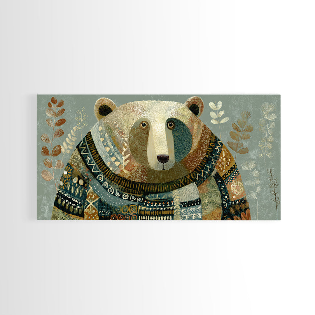 Whimsical Bear in a Patterned Sweater with Canvas Print, Animal Art, Boho Decor, Living Room Decor, Fine Art, Creature, ANI-2x1-22