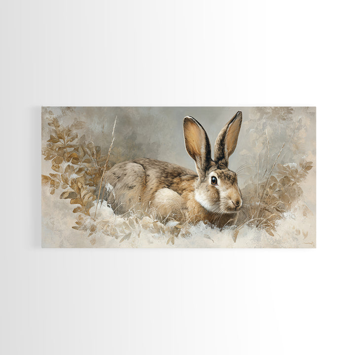 Curious Rabbit in a Soft Watercolor Meadow Framed Canvas Print, Animal Art, Living Room Decor, Oil Painting, Creature, ANI-2x1-25