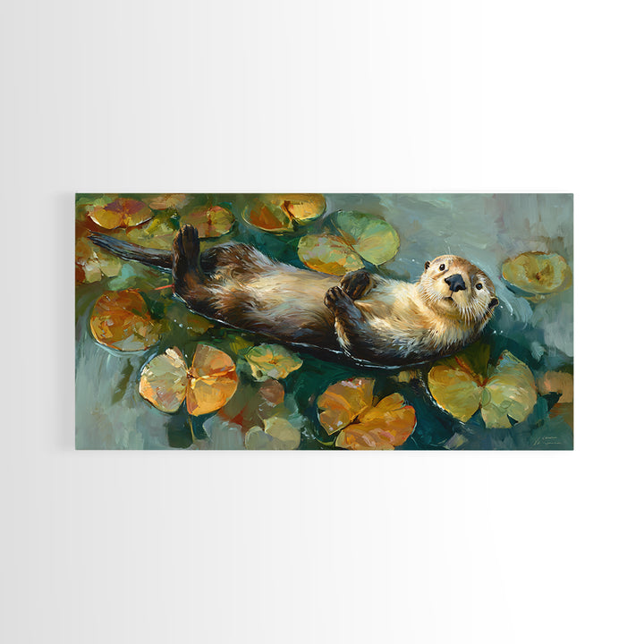 Playful Otter Floating Among Lily Pads Framed Canvas Print, Animal Art, Minimalist Decor, Living Room Decor, Fine Art, Creature, ANI-2x1-28