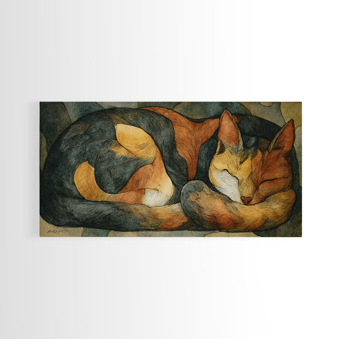 Sleeping Cat Curled Canvas Print, Animal Art, Contemporary Art, Living Room Decor, Oil Painting, Creature, Digital Wall Art, ANI-2x1-32