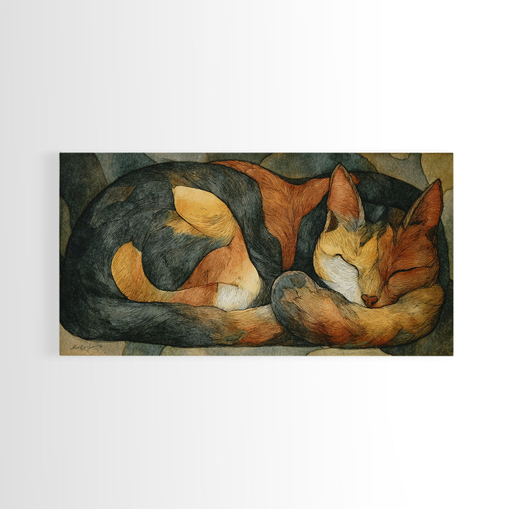 Sleeping Cat Curled Canvas Print, Animal Art, Contemporary Art, Living Room Decor, Oil Painting, Creature, Digital Wall Art, ANI-2x1-32