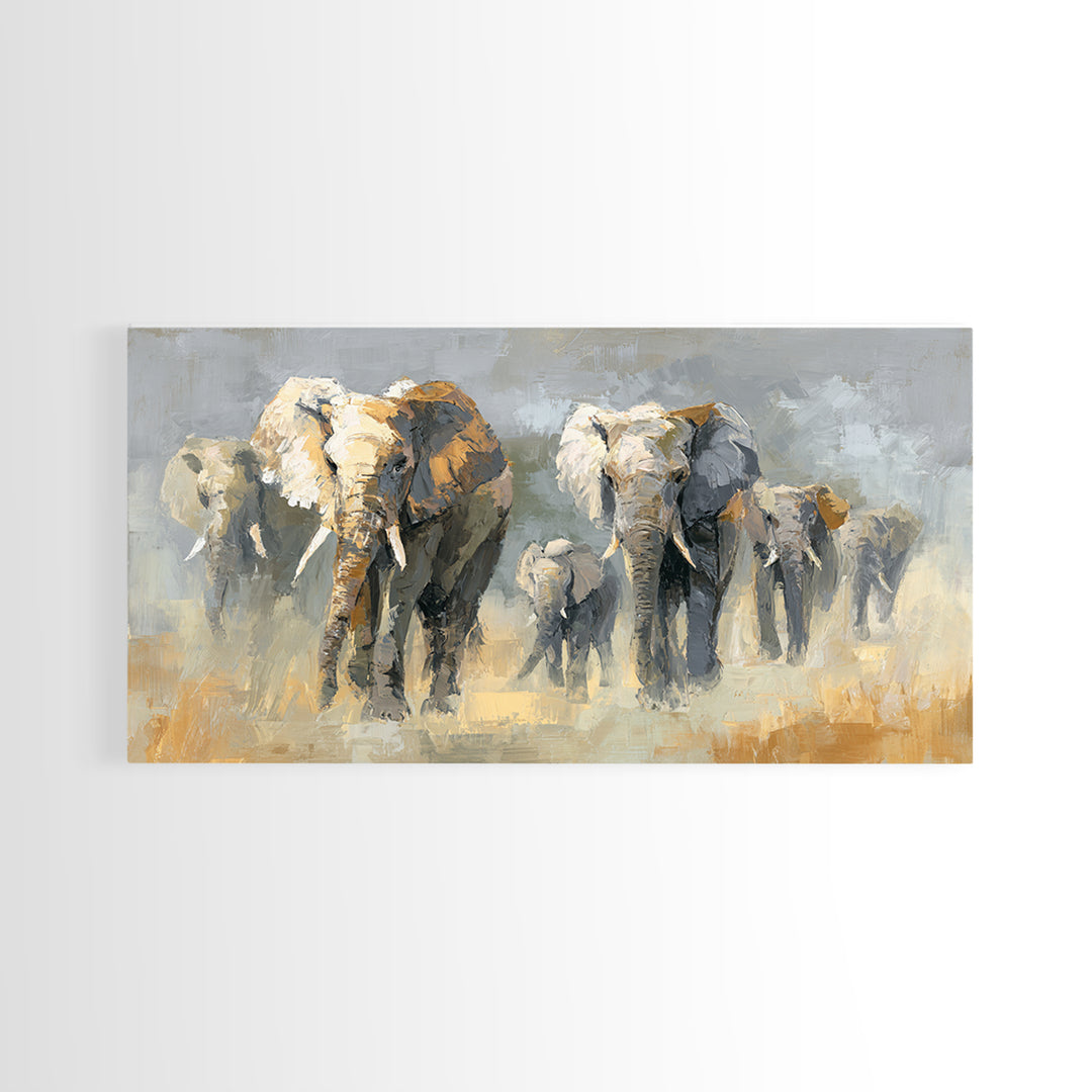 Elephant Family Walking Through Dusty Golden Light Framed Canvas Print, Animal Art, Art Print, Living Room Decor, Creature, ANI-2x1-34
