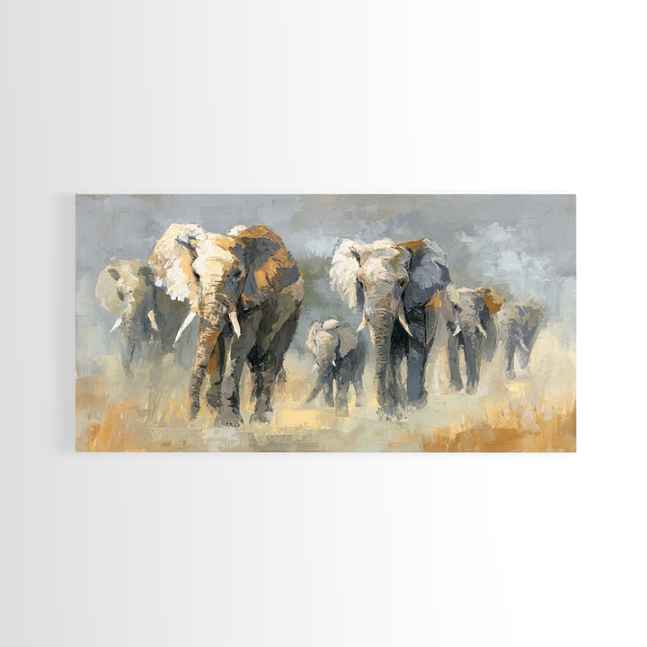 Elephant Family Walking Through Dusty Golden Light Framed Canvas Print, Animal Art, Art Print, Living Room Decor, Creature, ANI-2x1-34