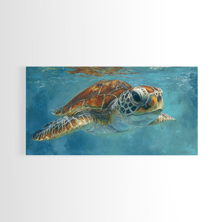 Sea Turtle Drifting Through Luminous Blue Water Canvas Print, Animal Art, Fine Art Print, Living Room Decor, Creature, ANI-2x1-38