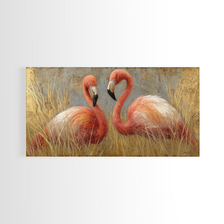 Flamingo Pair in Elegant Coral and Cream Canvas Print, Animal Art, Decor, Living Room Decor, Oil Painting, Creature, ANI-2x1-39
