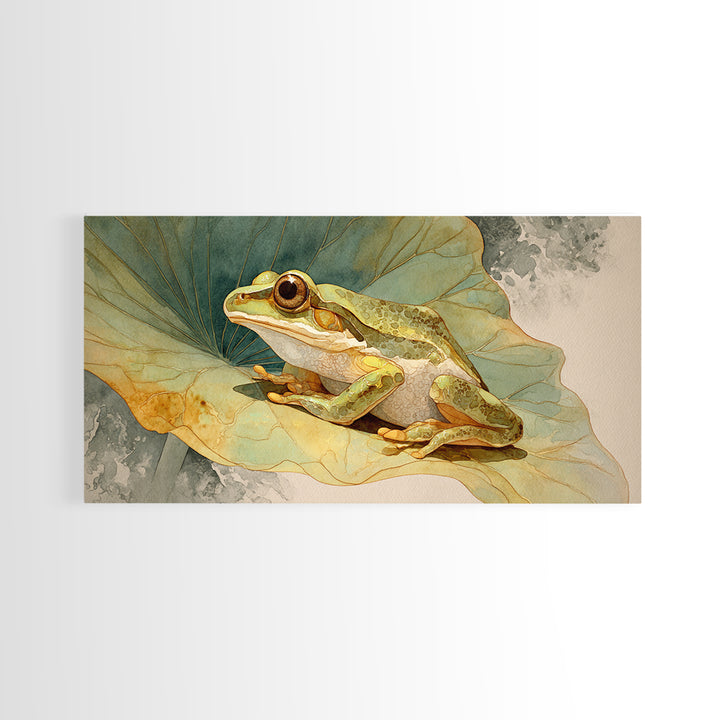 Frog on a Lotus Leaf Framed Canvas Print, Animal Art, Home Decor, Living Room Decor, Fine Art, Creature, Art Deco, Original Art, ANI-2x1-40