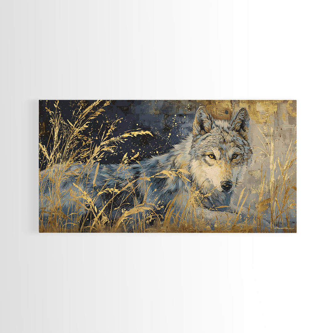 Wolf Silhouette Beneath a Star Filled Sky Framed Canvas Print, Animal Art, Statement Artwork, Living Room Decor, Creature, ANI-2x1-42