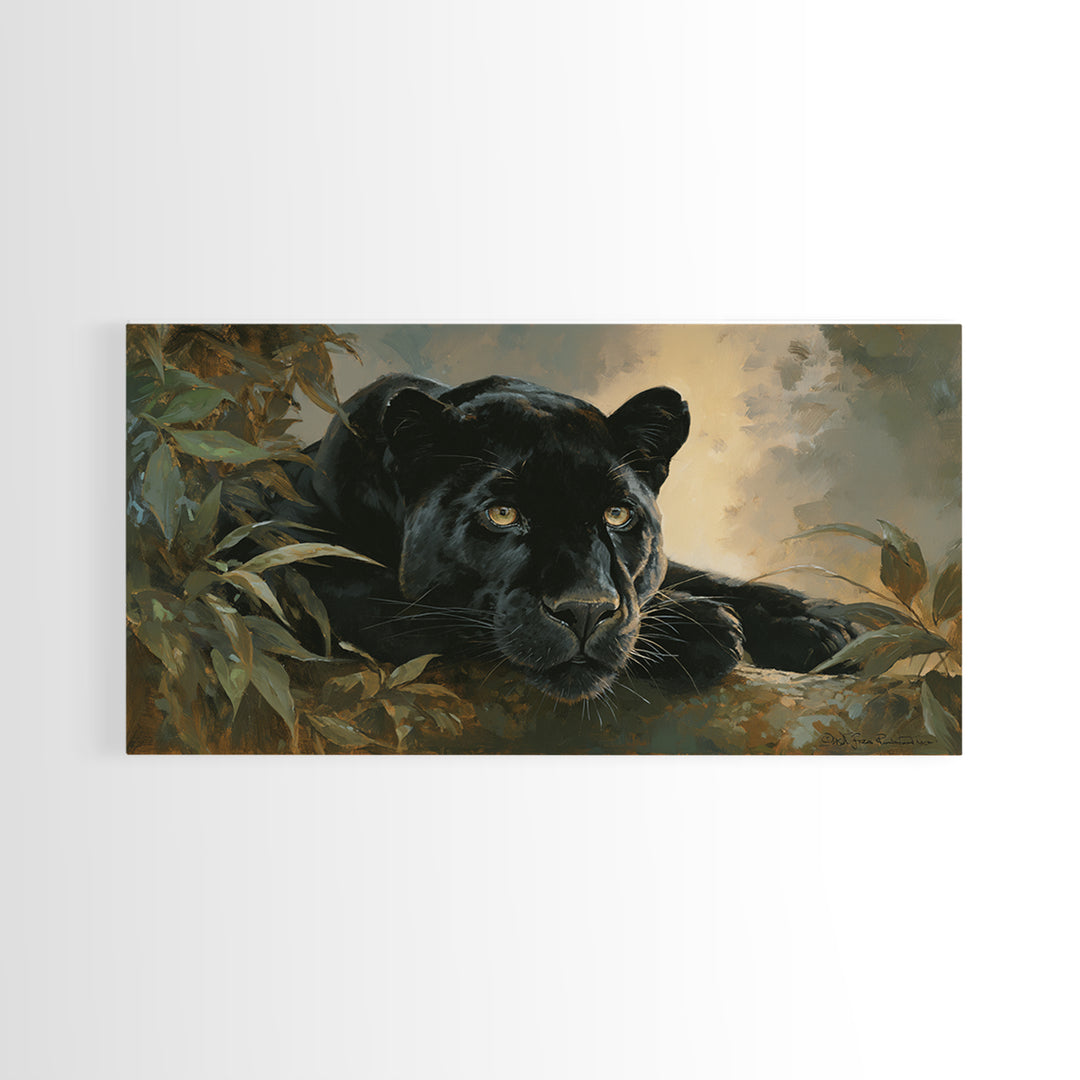 Dramatic Black Panther Emerging from Deep Jungle Canvas Print, Animal Art, Minimalist Decor, Living Room Decor, Creature, ANI-2x1-50