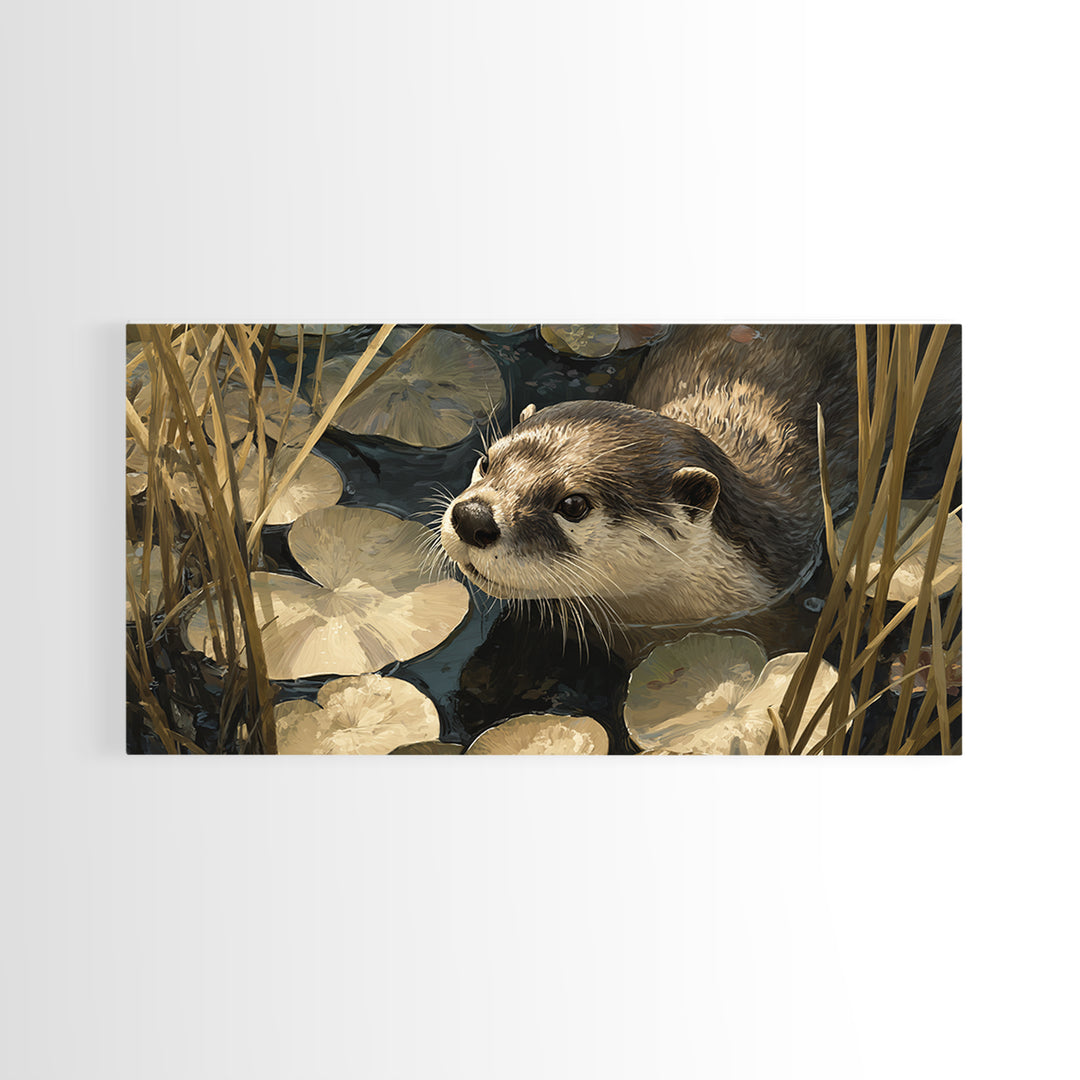 Playful Otter Floating Among Lily Pads Canvas Print, Animal Art, Decor, Living Room Decor, Fine Art, Creature, Digital Print, ANI-2x1-52