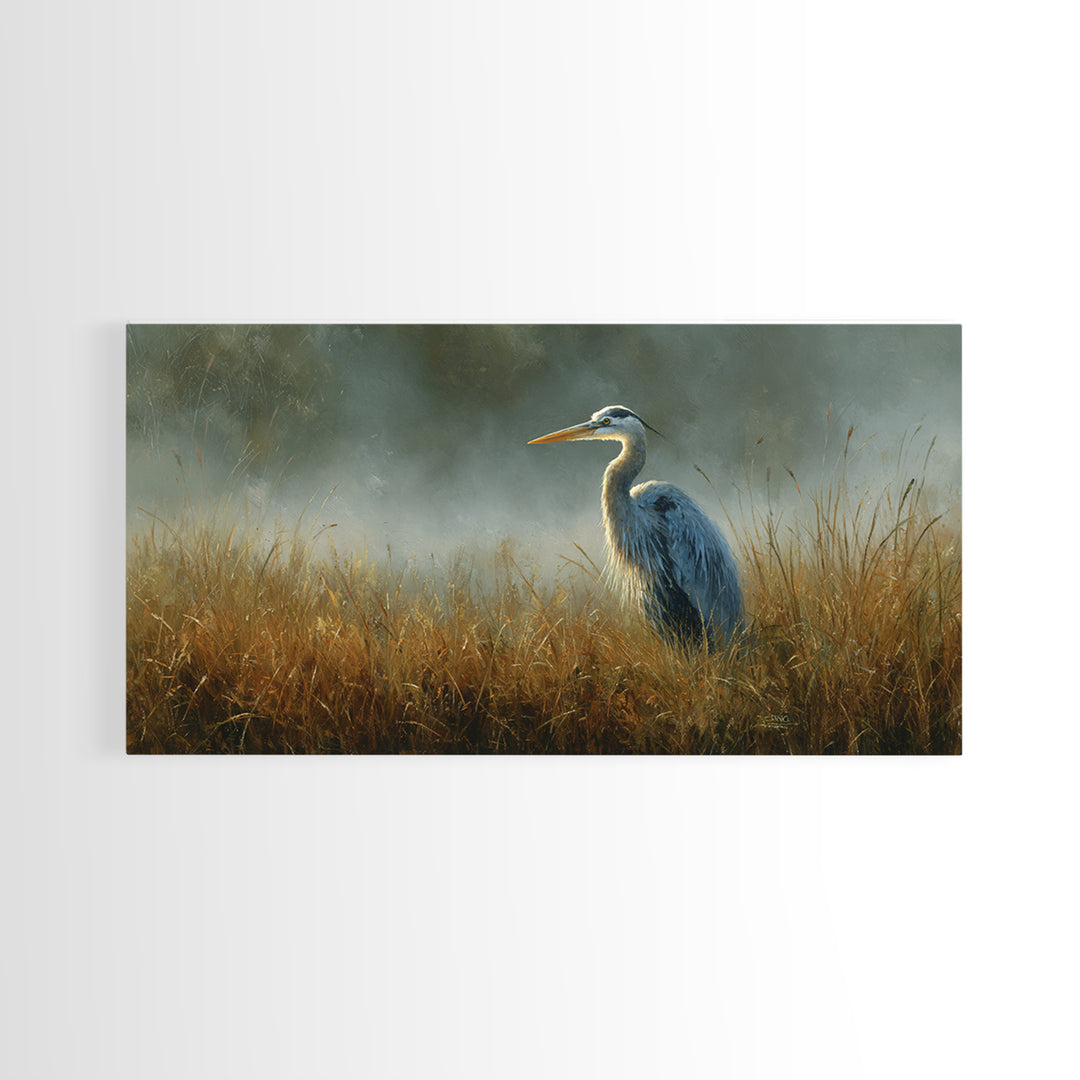 Blue Heron Standing Framed Canvas Print, Animal Art, Art Deco, Living Room Decor, Creature, Cat Art, Safari Nursery Decor, ANI-2x1-55