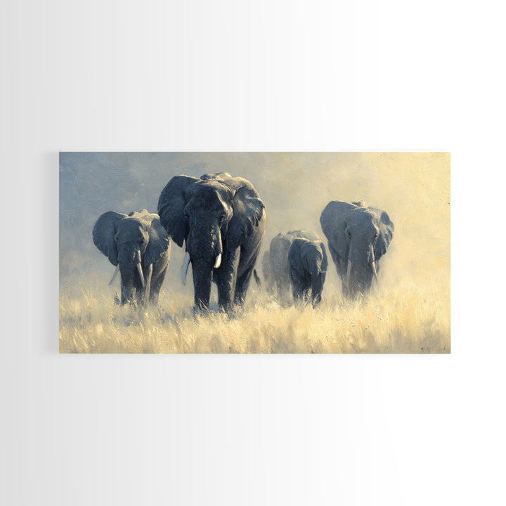 Elephant Family Walking Through Dusty Golden Light Canvas Print, Animal Art, Wall Art, Living Room Decor, Fine Art, Creature, ANI-2x1-58