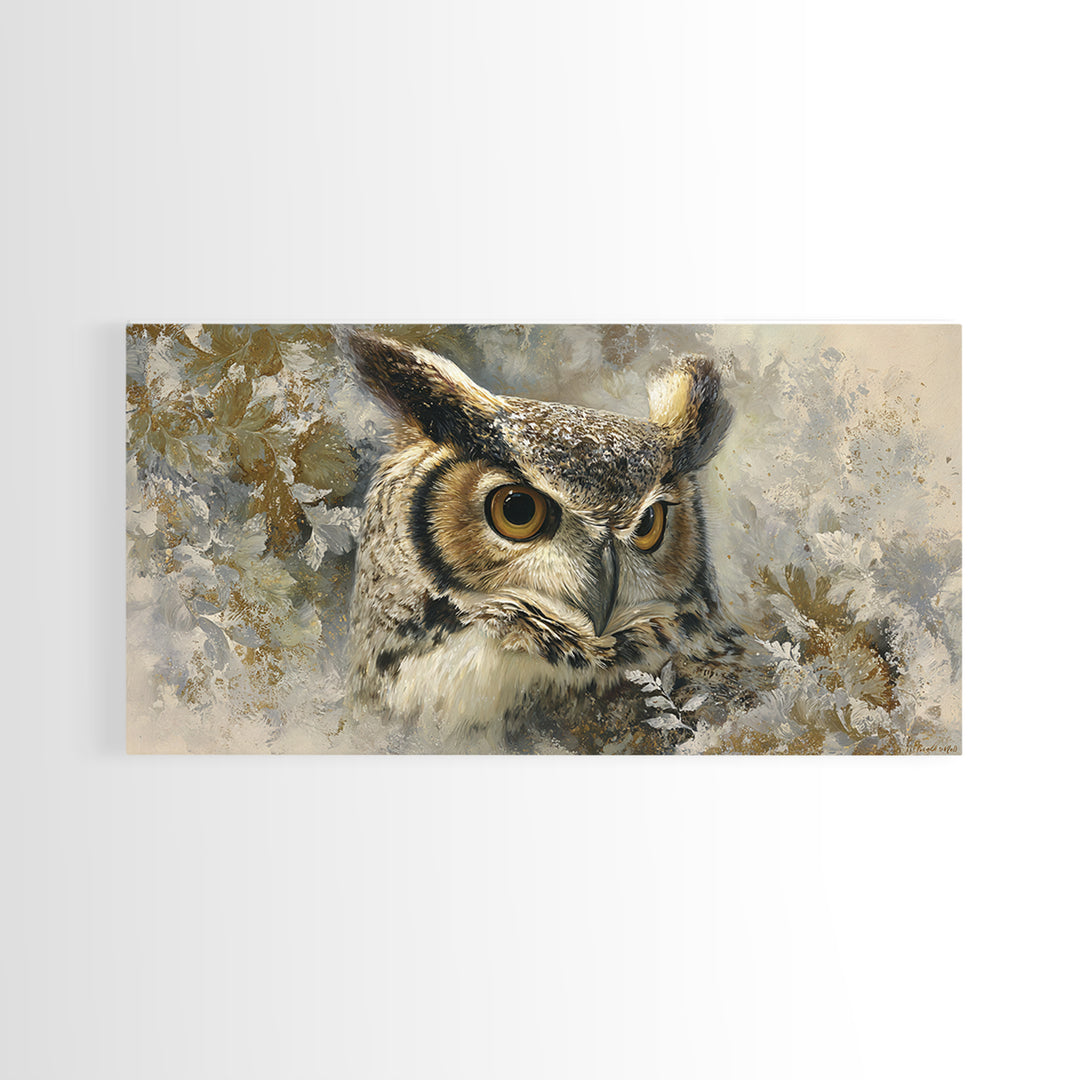 Owl with Moonlit Feathers and Celestial Accents Framed Canvas Print, Animal Art, Nursery, Living Room Decor, Watercolor Art, ANI-2x1-59