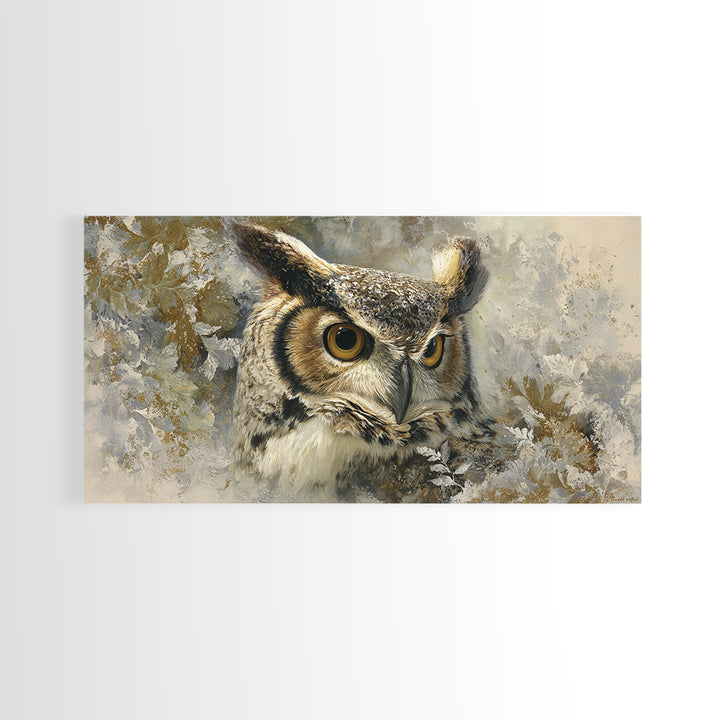 Owl with Moonlit Feathers and Celestial Accents Framed Canvas Print, Animal Art, Nursery, Living Room Decor, Watercolor Art, ANI-2x1-59