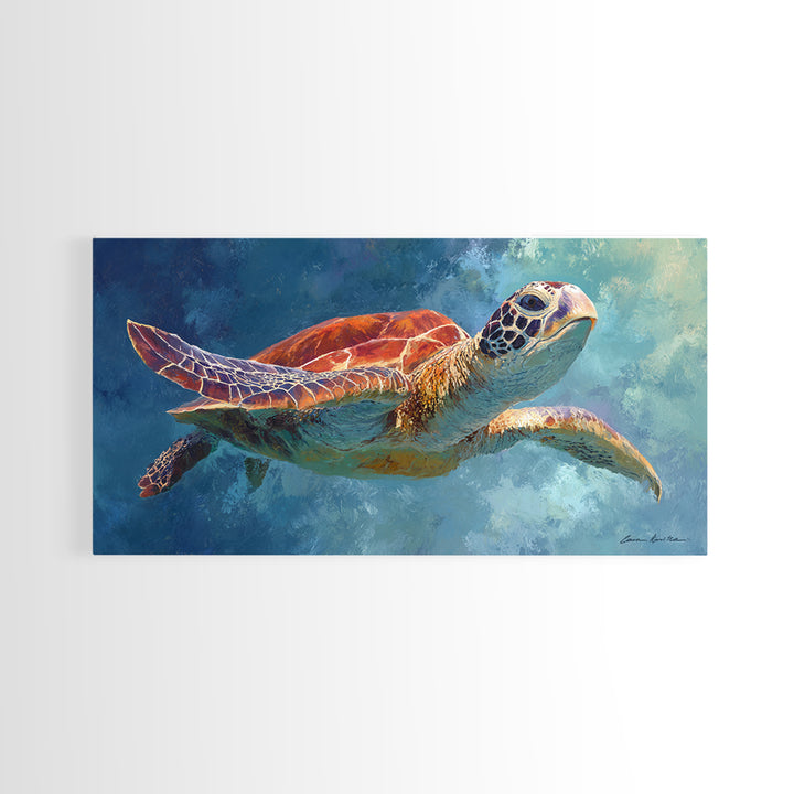 Sea Turtle Drifting Through Luminous Blue Water Canvas Print, Animal Art, Room Decor, Living Room Decor, Oil Painting, Creature, ANI-2x1-62