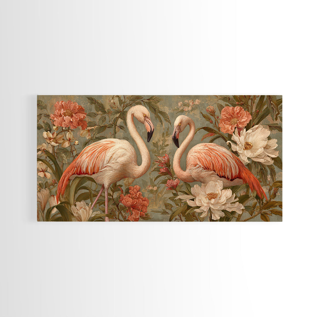 Flamingo Pair in Elegant Coral and Cream Canvas Print, Animal Art, Nursery Wall Art, Living Room Decor, Fine Art, Creature, ANI-2x1-63