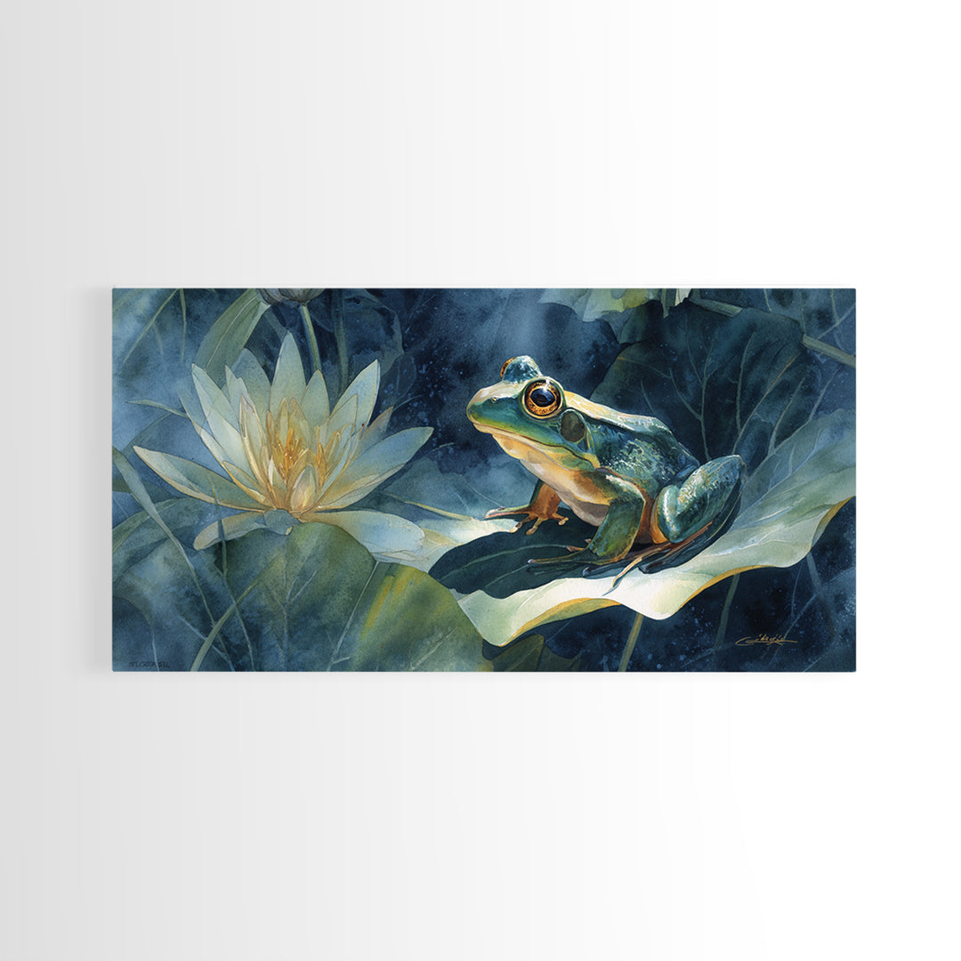 Frog on a Lotus Leaf Canvas Print, Animal Art, Digital Art, Living Room Decor, Oil Painting, Creature, Farmhouse Decor, ANI-2x1-64
